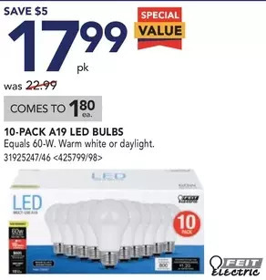 Lowe's Feit electric 10-pack a19 led bulbs offer