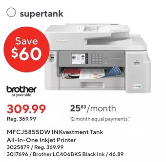 Staples Brother mfcj5855dw inkvestment tank all-in-one inkjet printer offer