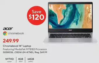 Staples Acer chromebook 14 laptop. mediatek mt8183 processor, 14 fhd screen, 4gb ram, 64gb emmc offer