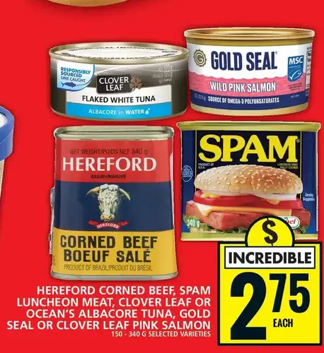 Food Basics Hereford corned beef | spam luncheon meat | clover leaf | ocean's albacore tuna | gold seal | clover leaf pink salmon offer