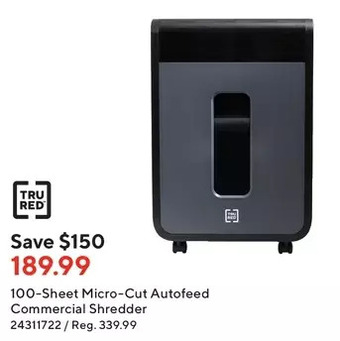 Staples Tru red 100-sheet micro-cut autofeed commercial shredder offer