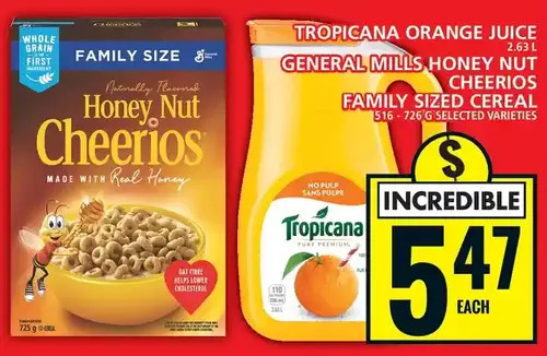 Food Basics Tropicana orange juice | general mills honey nut cheerios family sized cereal offer