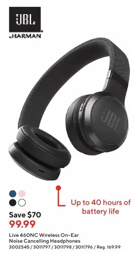 Staples Jbl live 460nc wireless on-ear noise cancelling headphones offer
