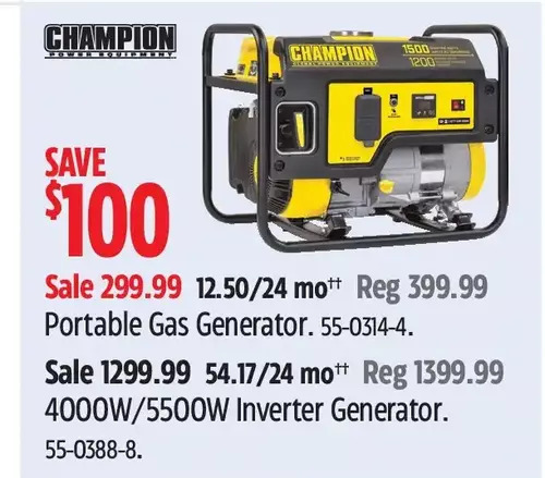 Canadian Tire Champion portable gas generator | 4000w/5500w inverter generator offer
