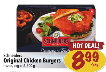 Farm Boy Schneiders original chicken burgers offer