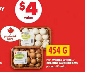 No Frills PC WHOLE WHITE or CREMINI MUSHROOMS offer