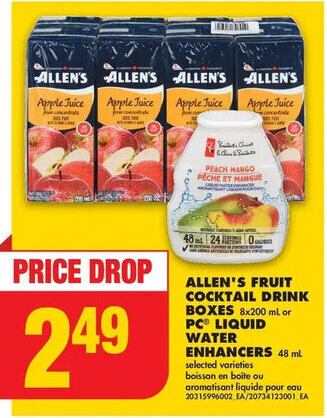 No Frills ALLEN'S FRUIT COCKTAIL DRINK BOXES 8x200 mL or PCⓇ LIQUID WATER ENHANCERS 48 ml offer