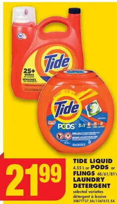 No Frills TIDE LIQUID 4.55 L or PODS or FLINGS 48/61/81's LAUNDRY DETERGENT offer