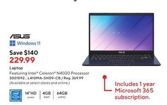 Staples Asus laptop featuring intel celeron n4020 processor offer