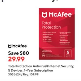 Staples Mcafee total protection antivirus & internet security 5 devices 1 year subscription offer