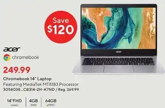 Staples Acer chromebook 14 laptop featuring mediatek mt8183 processor offer