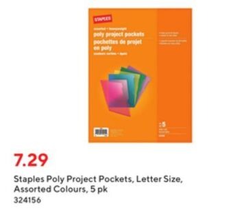 Staples Staples poly project pockets, letter size, assorted colours, 5 pk offer