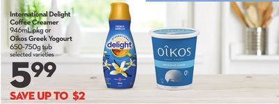 Longo's International delight coffee creamer 946ml pkg or oikos greek yogourt 650-750g tub offer