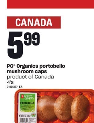Loblaws Pc® organics portobello mushroom caps, 4's offer