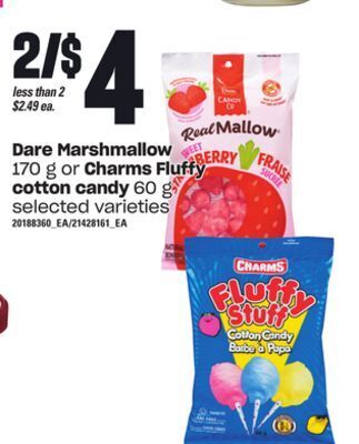 Loblaws Dare marshmallow 170 g or charms fluffy cotton candy 60 g offer