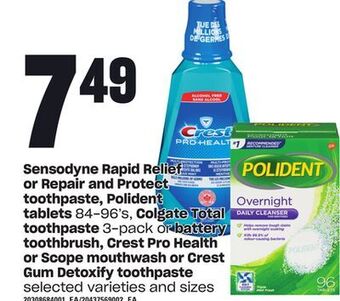 Loblaws Sensodyne rapid relief or repair and protect toothpaste, polident tablets, 84-96's, colgate total toothpaste, 3-pack or batte offer