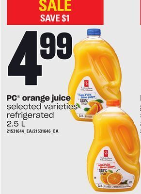 Loblaws Pc® orange juice, 2.5 l offer
