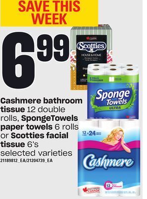 Loblaws Cashmere bathroom tissue, 12 double rolls, spongetowels paper towels, 6 rolls or scotties facial tissue, 6's offer