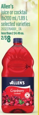 Loblaws Allen's juice or cocktail 8x200 ml/1.89 l offer
