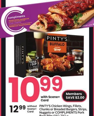 Sobeys Pinty's chicken wings, fillets, chunks or breaded burgers, strips, nuggets or compliments pork back ribs offer