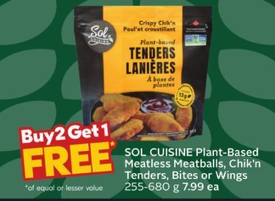 Sobeys Sol cuisine plant-based meatless meatballs, chik'n tenders, bites or wings offer
