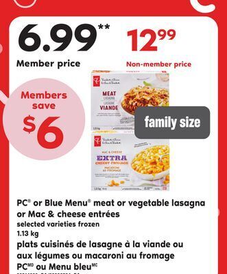 Independent Grocer Pc® or blue menu® meat or vegetable lasagna or mac & cheese entrées, 1.13 kg offer