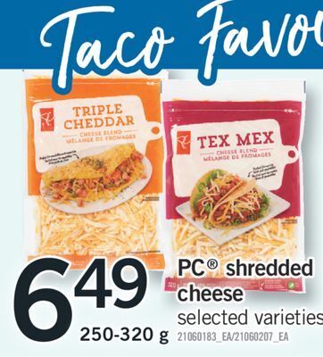 Fortinos Pc® shredded cheese, 250-320 g offer