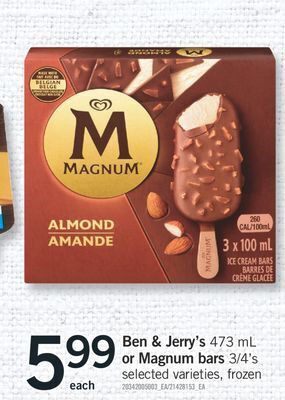 Fortinos Ben & jerry's, 473 ml or magnum bars, 3/4' s offer