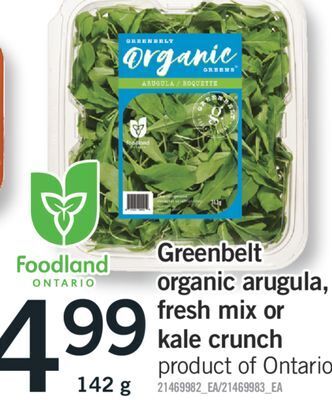 Fortinos Greenbelt organic arugula, fresh mix or kale crunch, 142 g offer