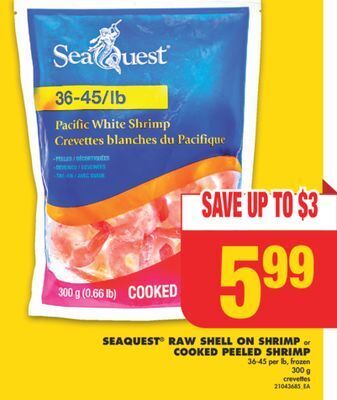 No Frills Seaquest® raw shell on shrimp or cooked peeled shrimp, 36-45 per lb, 300 g offer