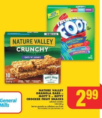 No Frills Nature valley granola bars or mott's or betty crocker fruit snacks, 120-230 g offer
