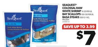 Real Canadian Superstore Seaquest® colossal raw white shrimp 16-20 per lb, bay scallops 100-150 per lb, basa steaks 300 g-1 kg offer
