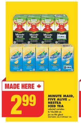 No Frills Minute maid, five alive or nestea iced tea, 8/10x200 ml offer