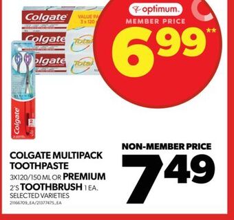Real Canadian Superstore Colgate multipack toothpaste, 3x120/150 ml or premium, 2's toothbrush, 1 ea. offer
