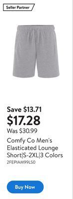 Walmart Comfy co men's elasticated lounge short|s-2xl|3 colors offer