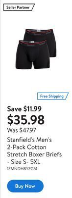 Walmart Stanfield's men's 2-pack cotton stretch boxer briefs - size s- 5xl offer