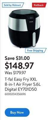 Walmart T-fal easy fry xxl 8-in-1 air fryer 5.6l digital ey701d50 offer