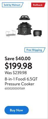 Walmart 8-in-1 foodi 6.5qt pressure cooker offer