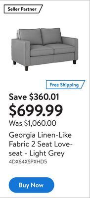 Walmart Georgia linen-like fabric 2 seat loveseat - light grey offer