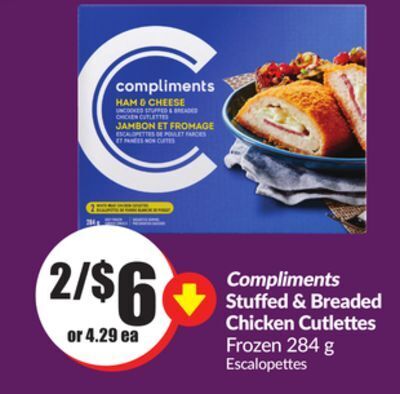 Chalo FreshCo Compliments stuffed & breaded chicken cutlettes frozen 284 g offer