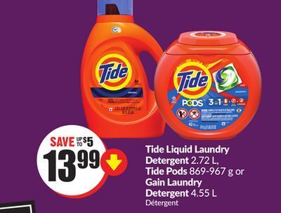 Chalo FreshCo Tide liquid laundry detergent 2.72 l, tide pods 869-967 g or gain laundry detergent 4.55 l offer