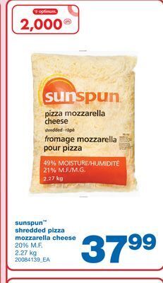 Wholesale Club Sunspun™ shredded pizza mozzarella cheese, 2.27 kg offer