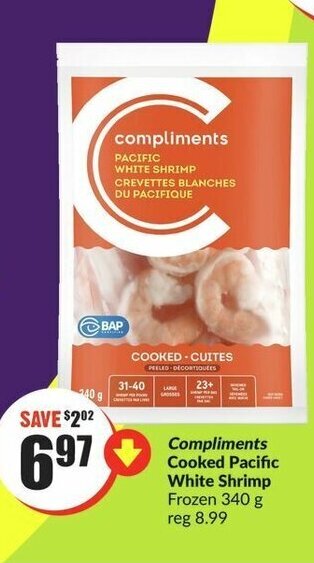 FreshCo Compliments Cooked Pacific White Shrimp Frozen 340 g offer
