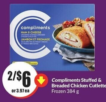 FreshCo Compliments Stuffed & Breaded Chicken Cutlettes Frozen 384 g offer