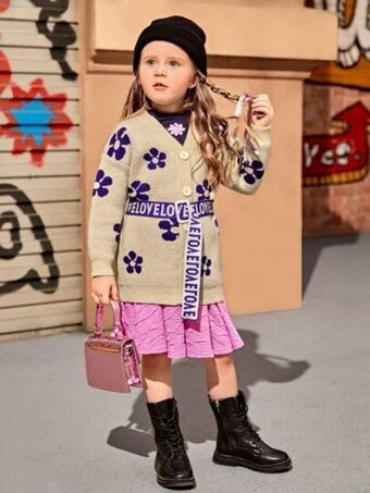 SheIn Sheintoddler girls floral pattern drop shoulder cardigan with belt offer