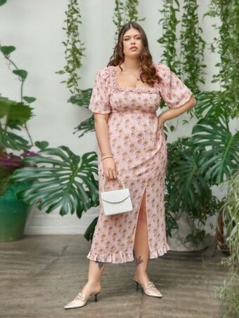 SheIn Sheinplus allover floral print square neck frill split thigh chiffon dress offer