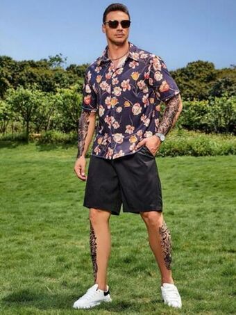 SheIn Extended sizes men floral print shirt & drawstring waist shorts without tee offer