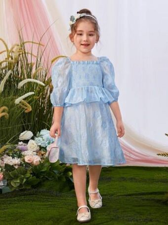 SheIn Sheintoddler girls jacquard puff sleeve peplum top & skirt offer