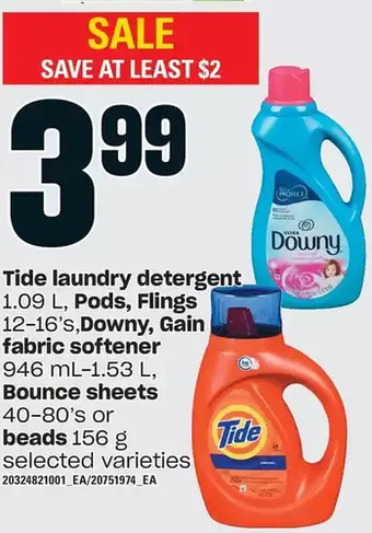 Loblaws Tide laundry detergent, pods, flings, downy, gain fabric softener, bounce sheets or beads offer