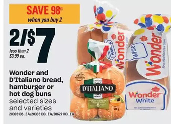 Loblaws Wonder and d'italiano bread, hamburger or hot dog buns offer